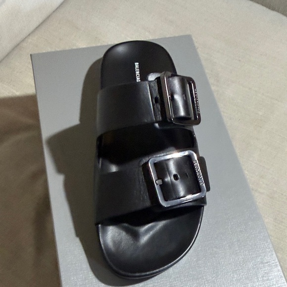 Balenciaga Black Slide Sandals with Silver Buckles